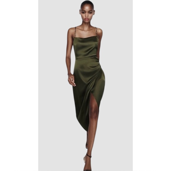 ZARA | NWT Satin Effect Beaded Slip Midi Dress in Khaki/Olive Green, Size Small - Picture 12 of 12